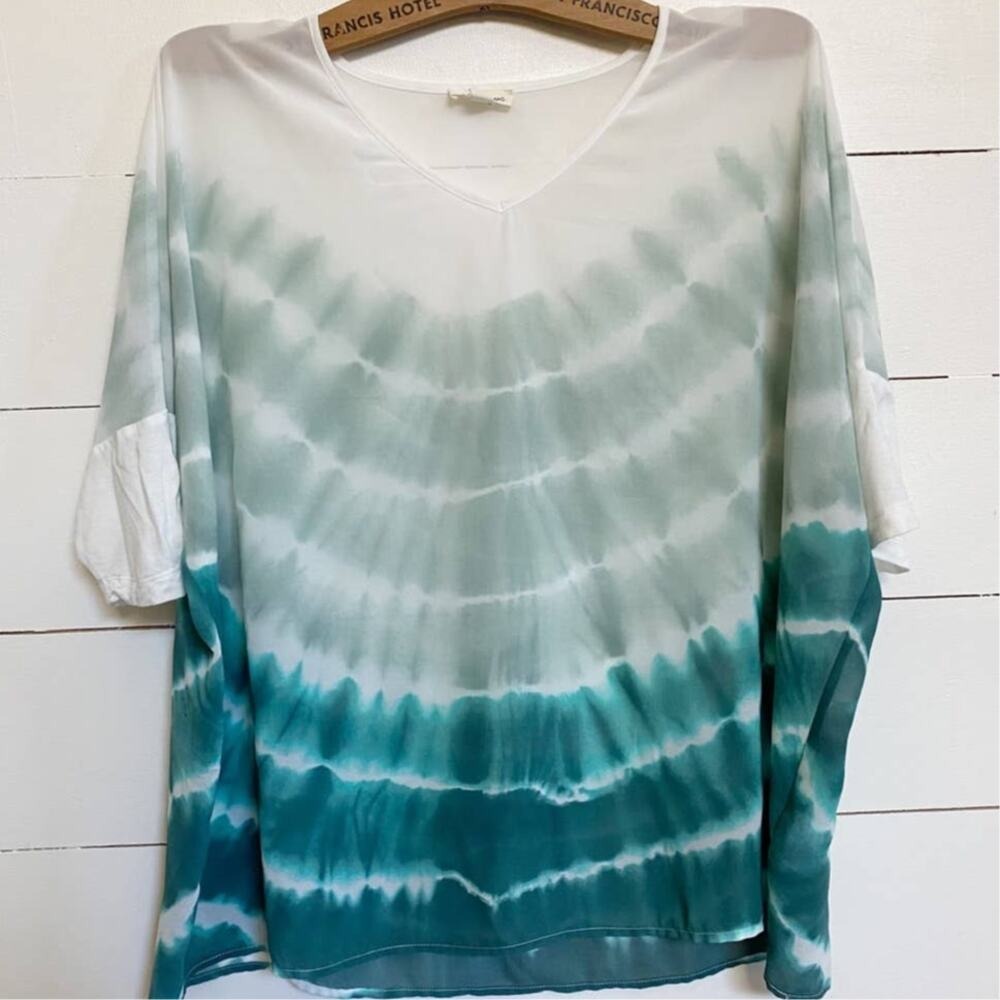 Tribal Jeans Womens Teal White Tie Dye V-Neck Relaxed Blouse Top Size M
